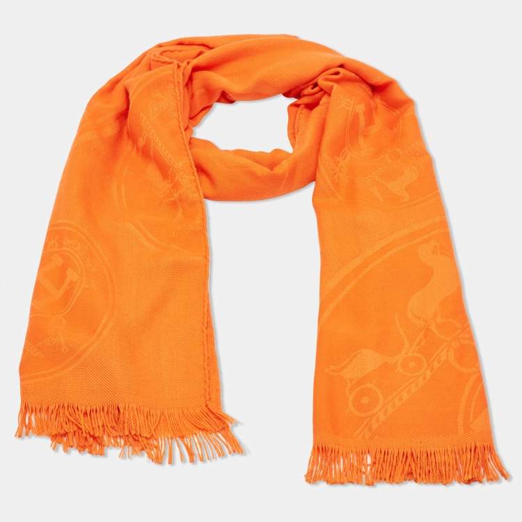 Hermes Orange H Logo Jacquard Cashmere & Silk Fringed Shawl Hermes