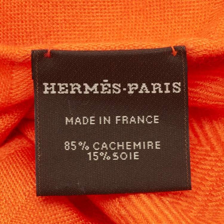 Pre Owned Hermes Orange H Logo Jacquard Cashmere & Silk Fringed Shawl