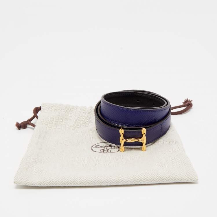 Pre Owned Hermes Bleu Encre/Black Epsom and Swift Leather Reversible Mors H Buckle Belt 75 CM