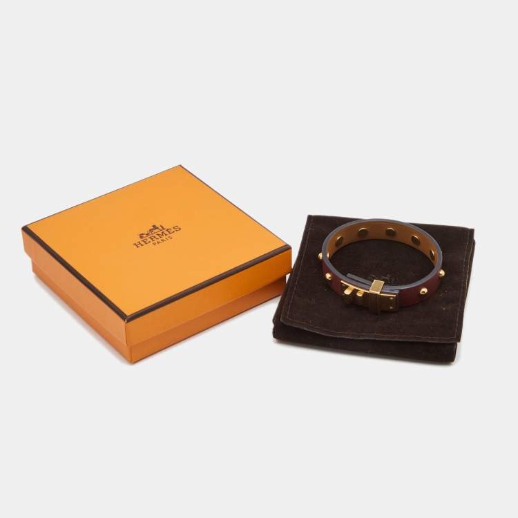 Pre Owned Hermes Mini Dog Clous Rounds Leather Gold Tone Bracelet