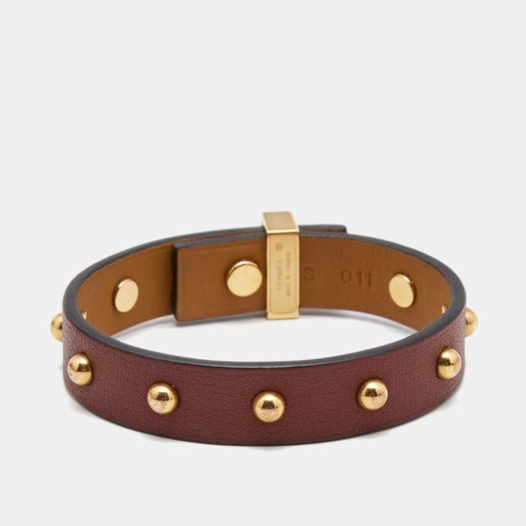 Pre Owned Hermes Mini Dog Clous Rounds Leather Gold Tone Bracelet