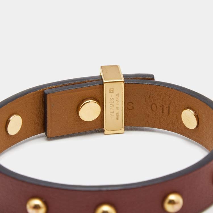 Pre Owned Hermes Mini Dog Clous Rounds Leather Gold Tone Bracelet