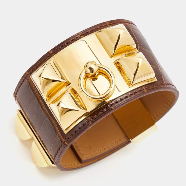 Pre Owned Hermès Collier de Chien Brown Alligator Leather Gold Plated Cuff Bracelet S