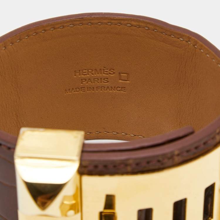 Pre Owned Hermès Collier de Chien Brown Alligator Leather Gold Plated Cuff Bracelet S