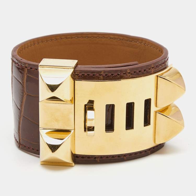 Pre Owned Hermès Collier de Chien Brown Alligator Leather Gold Plated Cuff Bracelet S