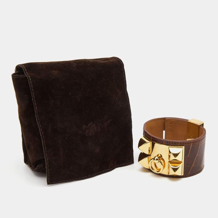 Pre Owned Hermès Collier de Chien Brown Alligator Leather Gold Plated Cuff Bracelet S