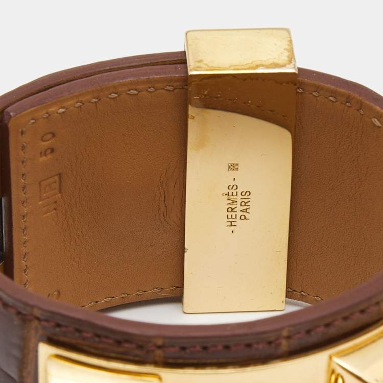 Pre Owned Hermès Collier de Chien Brown Alligator Leather Gold Plated Cuff Bracelet S