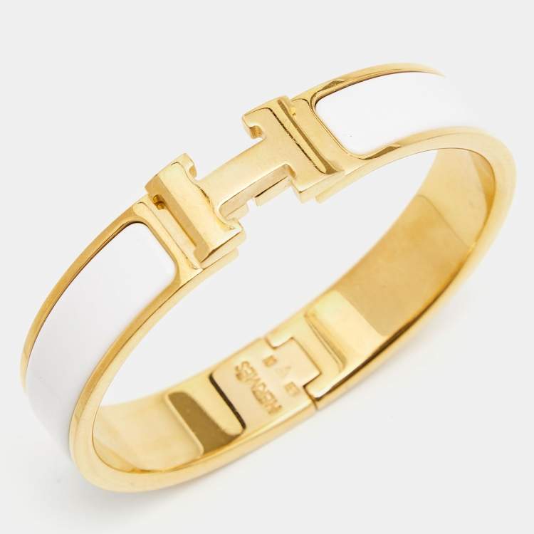 Pre Owned Hermes Clic H White Enamel Gold Plated Narrow Bracelet