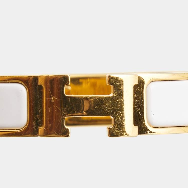 Pre Owned Hermes Clic H White Enamel Gold Plated Narrow Bracelet