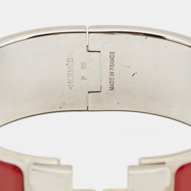 Pre Owned Hermès Clic Clac H Red Enamel Palladium Plated Wide Bracelet