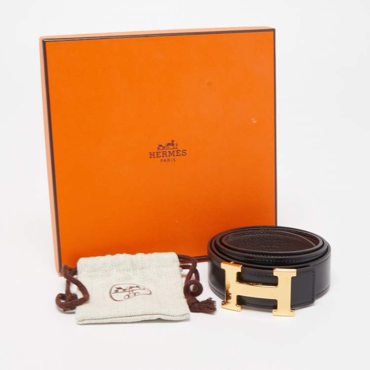 Pre Owned Hermes Brown and Black Leather H Buckle Reversible Belt 95CM
