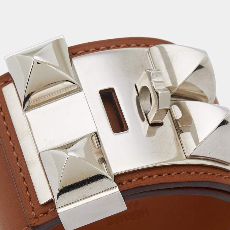Pre Owned Hermès Collier de Chien Brown Leather Palladium Plated Wide Bracelet S