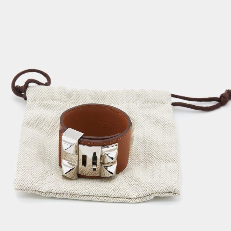 Pre Owned Hermès Collier de Chien Brown Leather Palladium Plated Wide Bracelet S