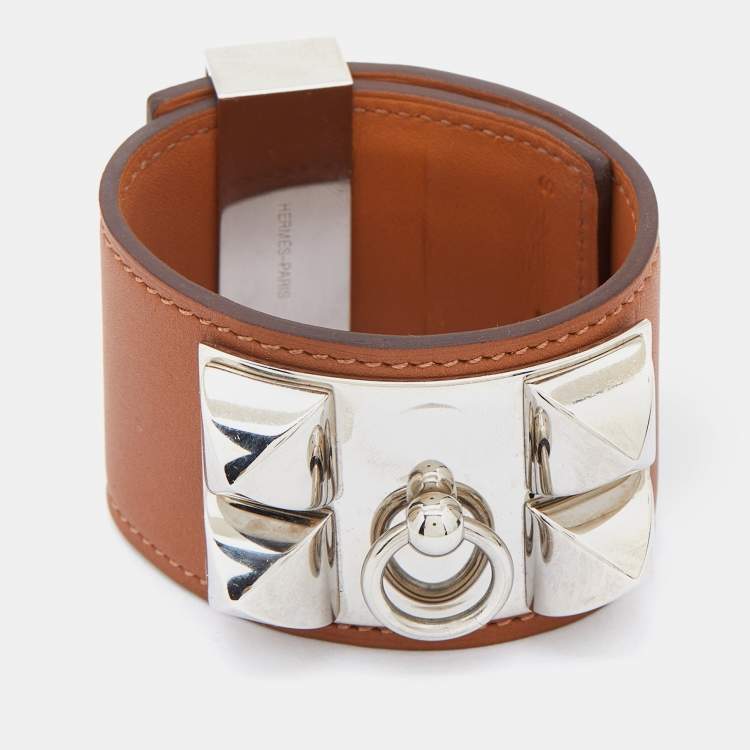 Pre Owned Hermès Collier de Chien Brown Leather Palladium Plated Wide Bracelet S