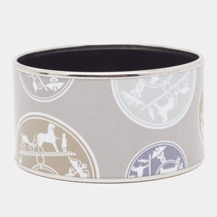 Pre Owned Hermes Confettis d'Ex Libris Enamel Palladium Plated Extra Wide Bangle Bracelet