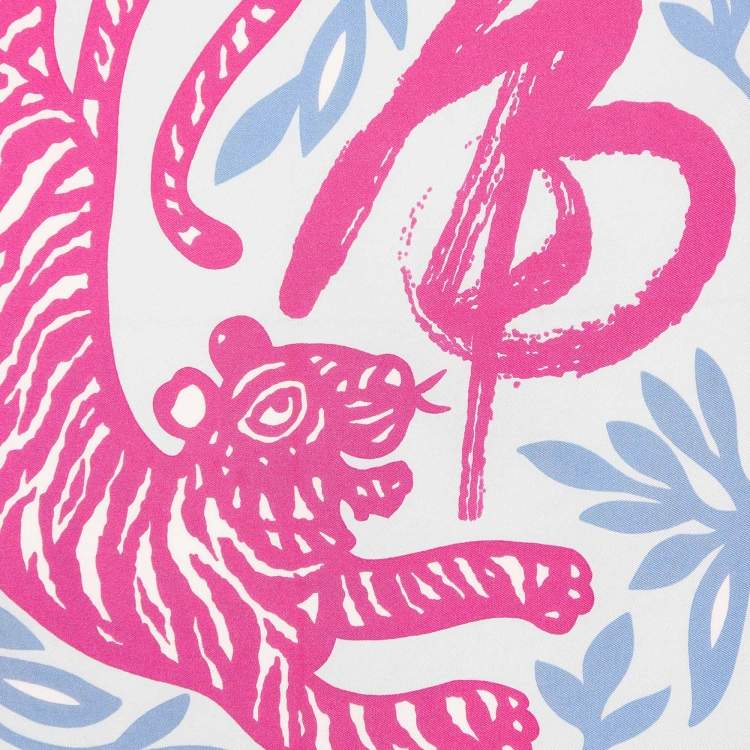 Pre Owned Hermes Sky Blue Tiger Printed Silk Square Handkerchief