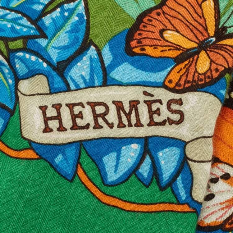 Pre Owned Hermes Green Jungle Love Cashmere & Silk Shawl Scarf
