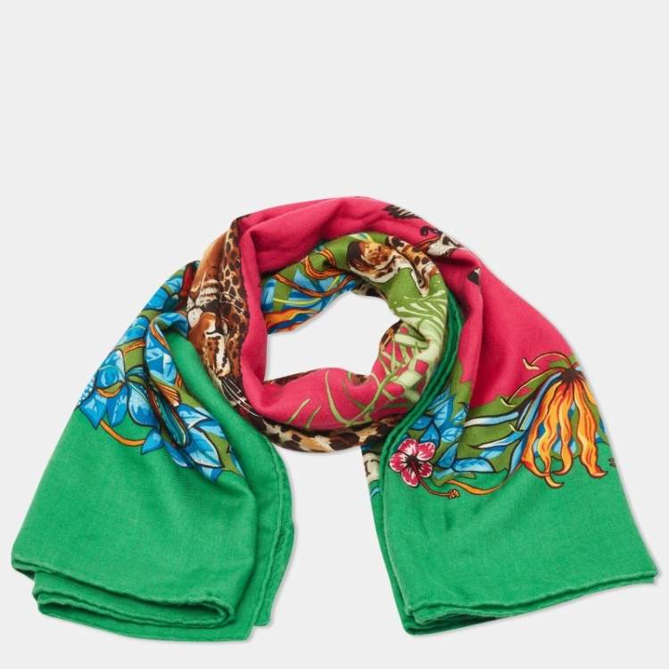 Pre Owned Hermes Green Jungle Love Cashmere & Silk Shawl Scarf