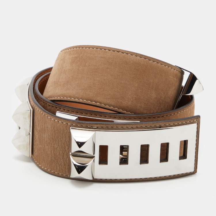 Pre Owned Hermes Grey Velvet Leather Collier De Chien Belt 85CM