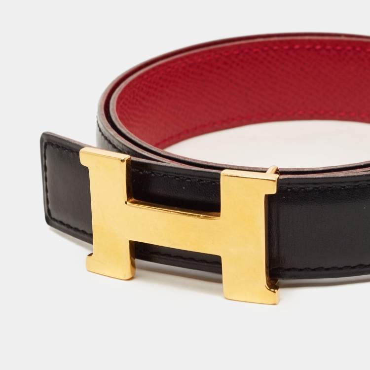 Pre Owned Hermes Black/Rouge Vif Box and Courchevel Constance Reversible Belt 65CM