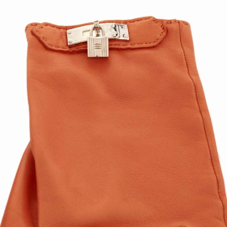 Pre Owned Hermes Orange Lambskin Leather Soya Gloves Size 7