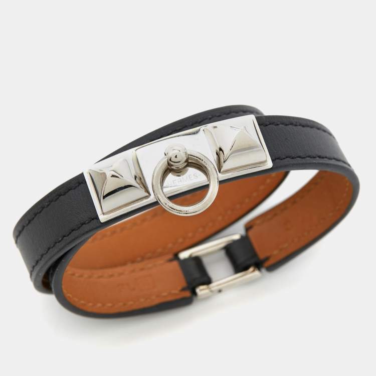 Pre Owned Hermes  Rivale Leather Palladium Plated Double Tour Bracelet S