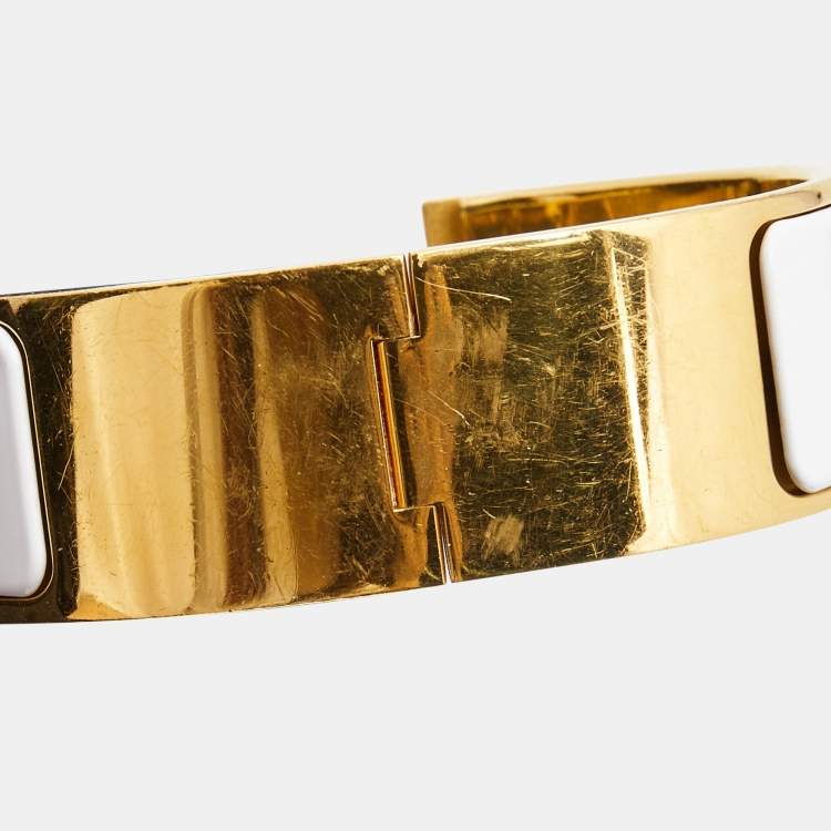 Pre Owned Hermes Clic Clac H White Enamel Gold Plated Wide Bracelet