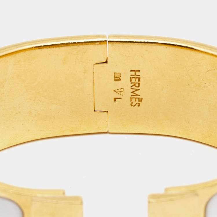 Pre Owned Hermes Clic Clac H White Enamel Gold Plated Wide Bracelet