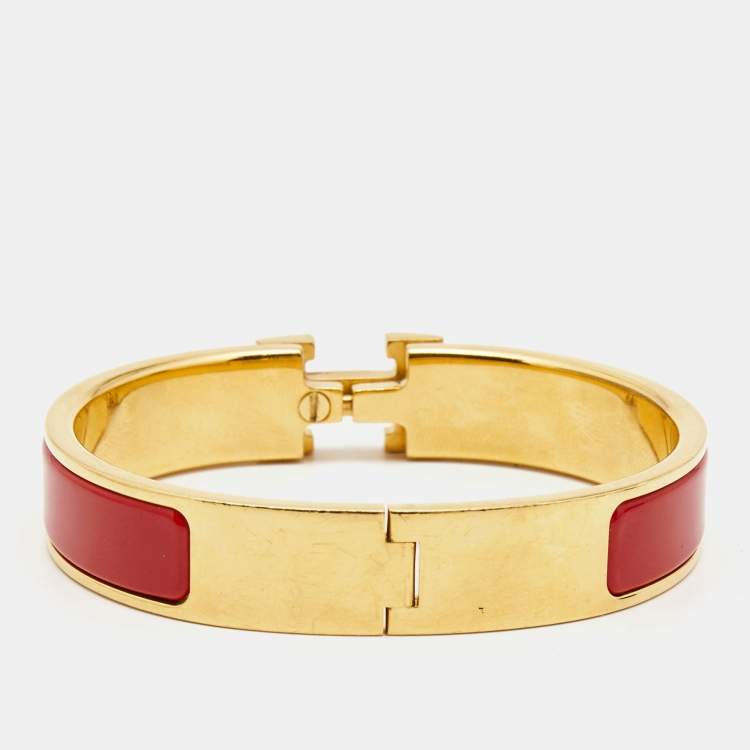 Pre Owned Hermes Clic H Red Enamel Gold Plated Bracelet