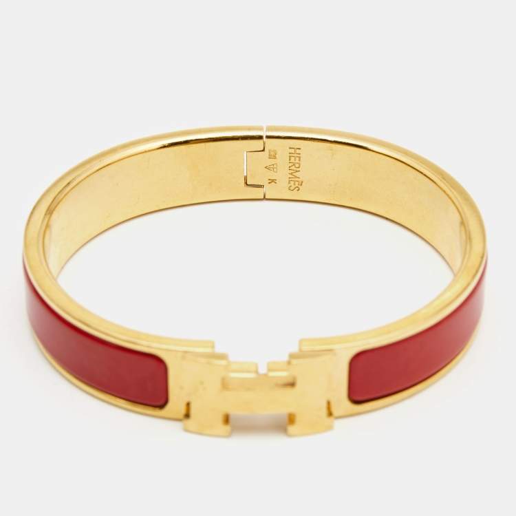 Pre Owned Hermes Clic H Red Enamel Gold Plated Bracelet