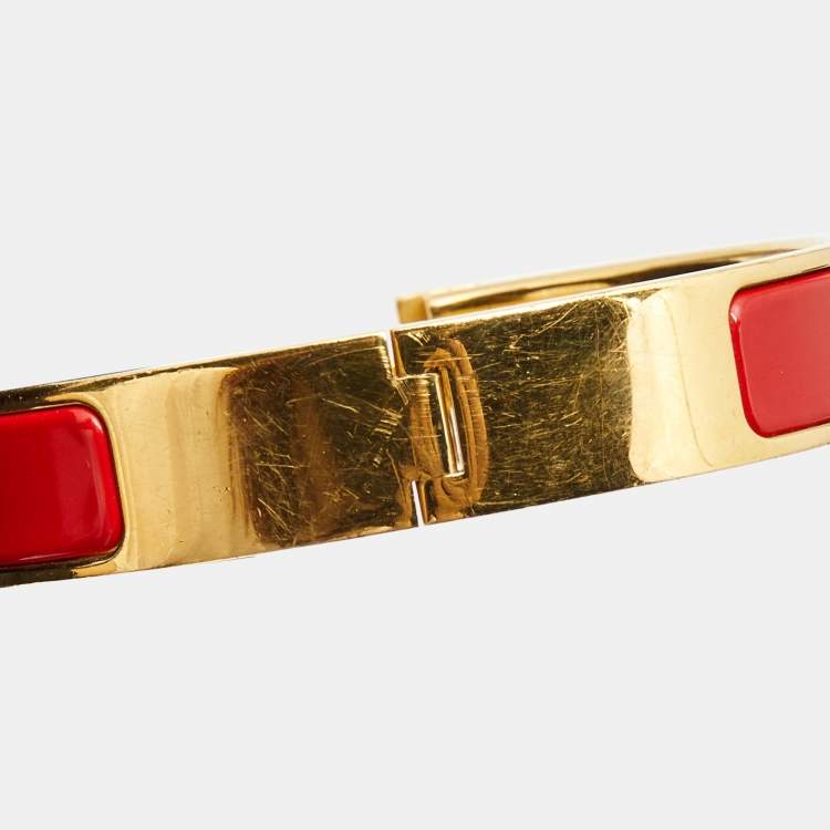 Pre Owned Hermes Clic H Red Enamel Gold Plated Bracelet