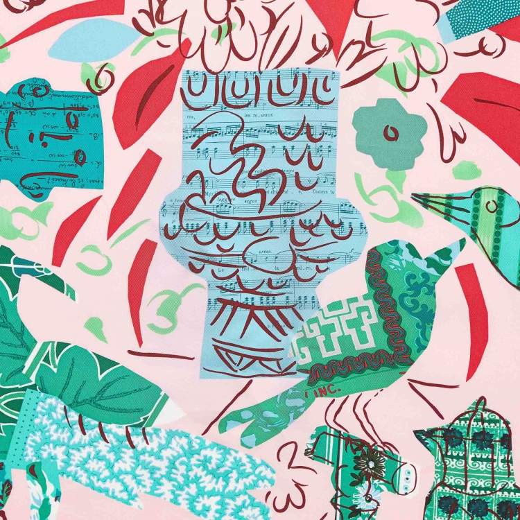 Pre Owned Hermes Pink La Maison des Oiseaux Parleurs Printed Silk Square Scarf
