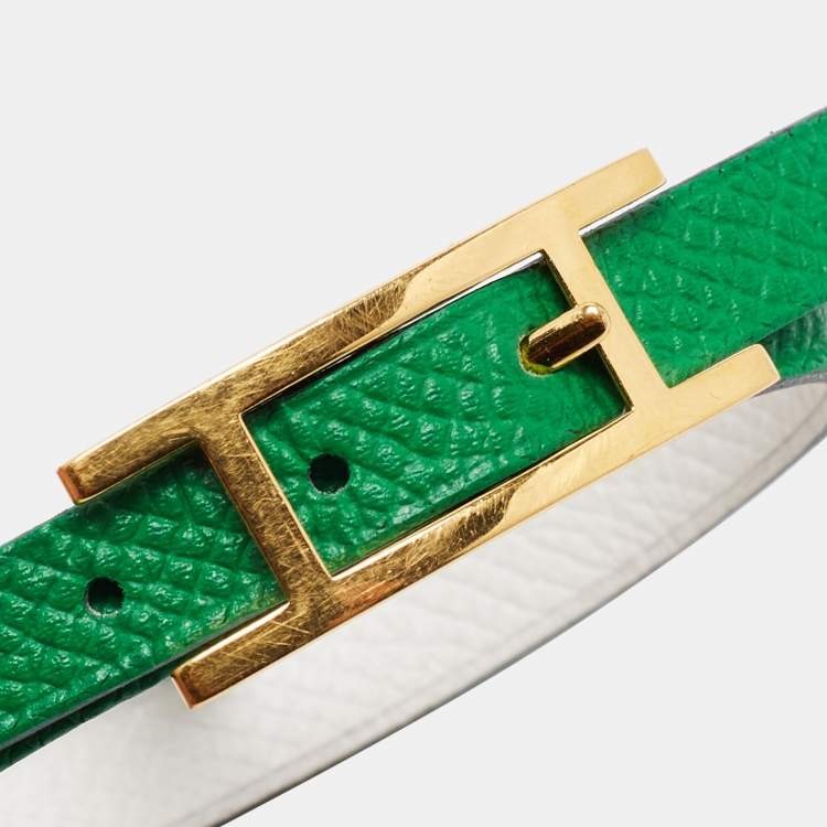 Pre Owned Hermes Behapi Green Leather Gold Tone Double Tour Bracelet