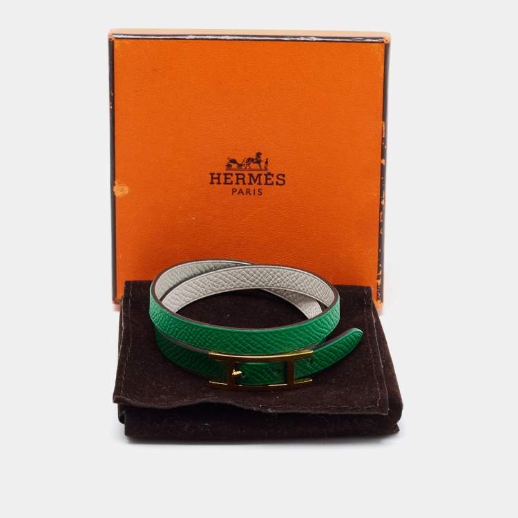 Pre Owned Hermes Behapi Green Leather Gold Tone Double Tour Bracelet