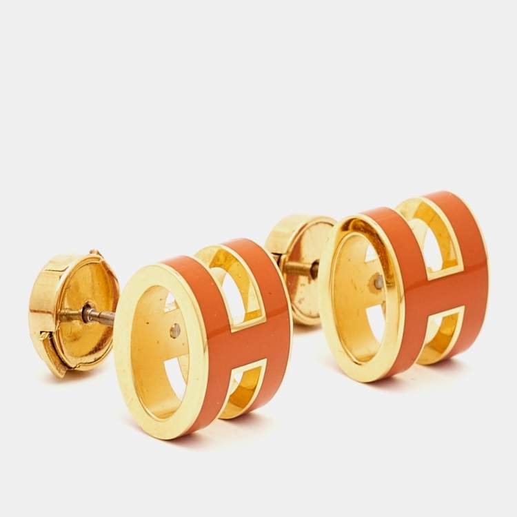 Pre Owned Hermes Pop H Orange Enamel Gold Tone Earrings