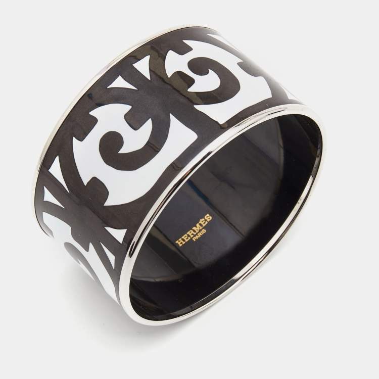 Pre Owned Hermes Monochrome Enamel Printed Palladium Plated Bracelet