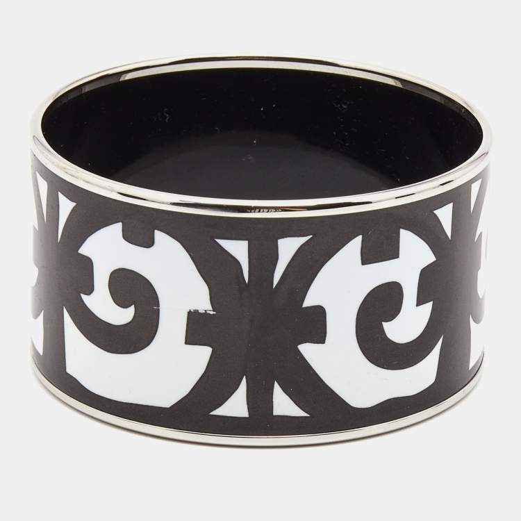 Pre Owned Hermes Monochrome Enamel Printed Palladium Plated Bracelet