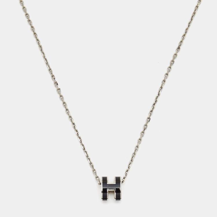 Pre Owned Hermes Pop H Black Enamel Palladium Plated Pendant Necklace