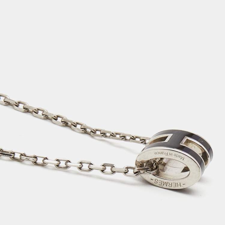 Pre Owned Hermes Pop H Black Enamel Palladium Plated Pendant Necklace