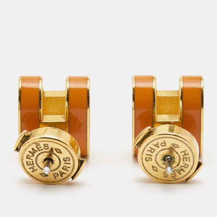 Pre Owned Hermes Pop H Orange Enamel Gold Plated Earrings