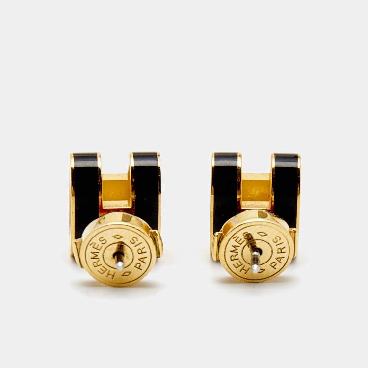 Pre Owned Hermes Pop H Enamel Gold Plated Stud Earrings