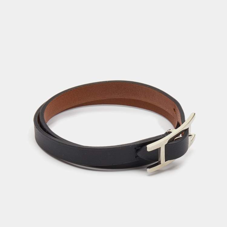 Pre Owned Hermes Behapi Leather Palladium Plated Bracelet