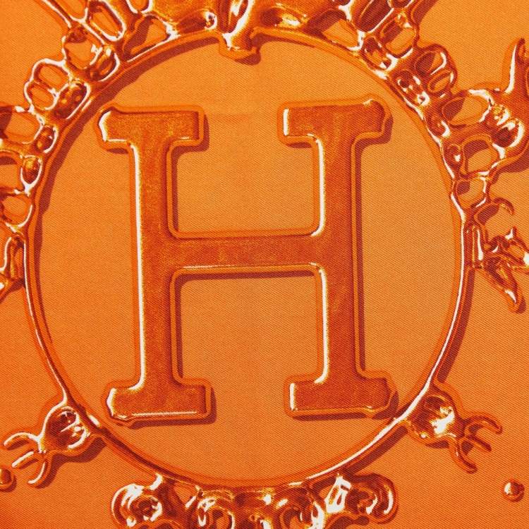 Pre Owned Hermes Orange Vif Argent Silk Pocket Square