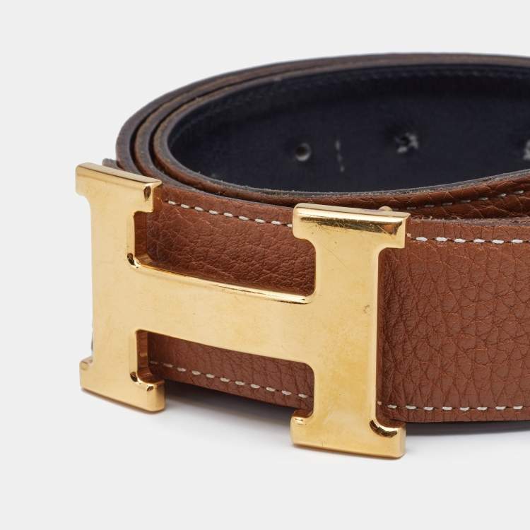 Pre Owned Hermes Black/Gold Box/Togo Leather H Buckle Reversible Belt 95CM