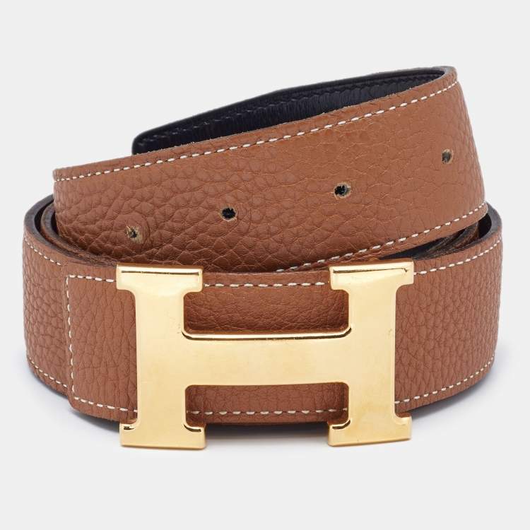 Pre Owned Hermes Black/Gold Box/Togo Leather H Buckle Reversible Belt 95CM