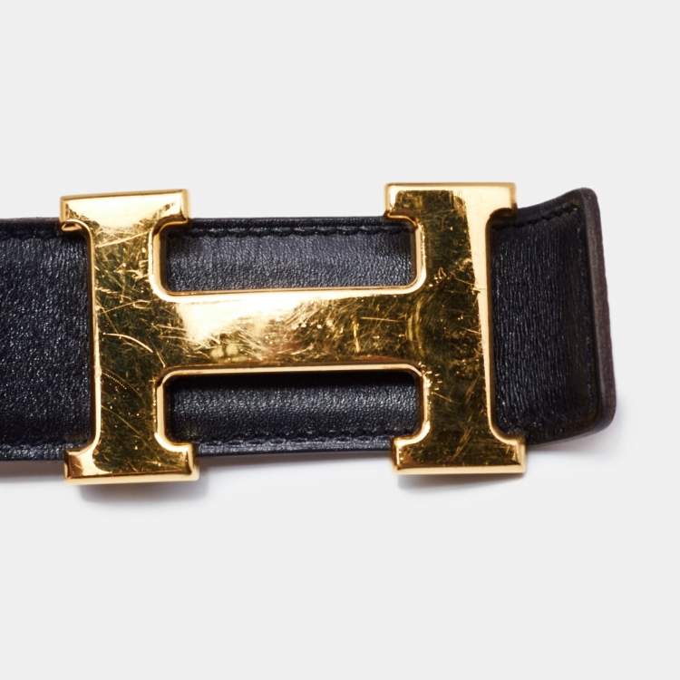 Pre Owned Hermes Black/Gold Box/Togo Leather H Buckle Reversible Belt 95CM