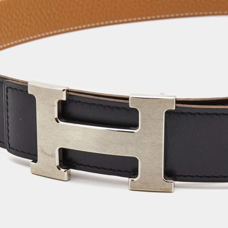 Pre Owned Hermes Black/Gold Box/Togo Leather H Buckle Reversible Belt 90CM