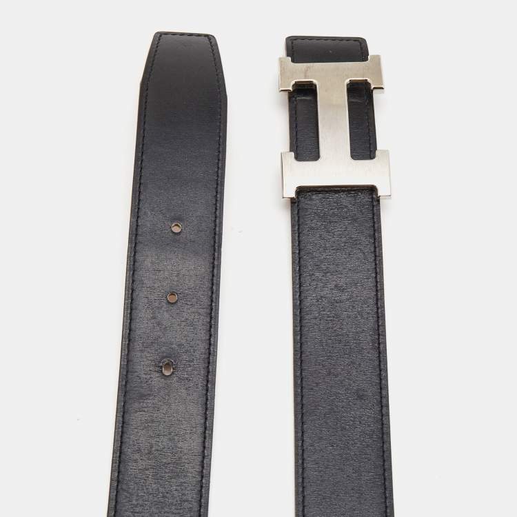 Pre Owned Hermes Black/Gold Box/Togo Leather H Buckle Reversible Belt 90CM
