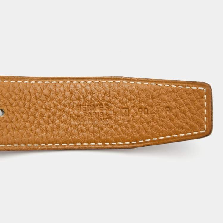 Pre Owned Hermes Black/Gold Box/Togo Leather H Buckle Reversible Belt 90CM