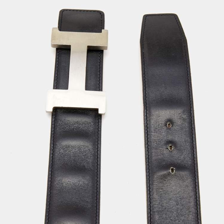 Pre Owned Hermes Black/Gold Box Calf and Swift Leather H Buckle Reversible Belt 90CM